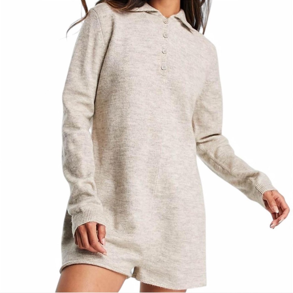 ASOS DESIGN knitted romper with collar detail in oatmeal